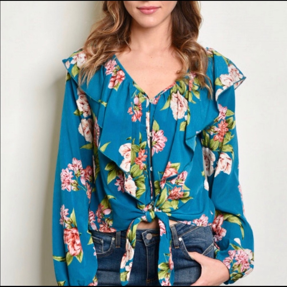 V- NECK WITH RUFFLES TEAL FLORAL TOP
